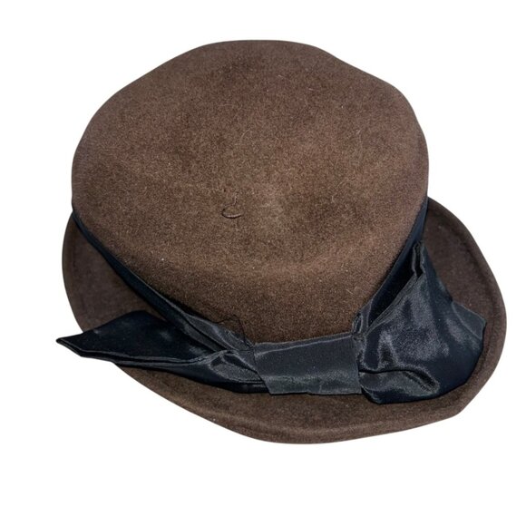 Brown black felt ribbon bow hat London Susy Krakowski Vintage England - Picture 2 of 7